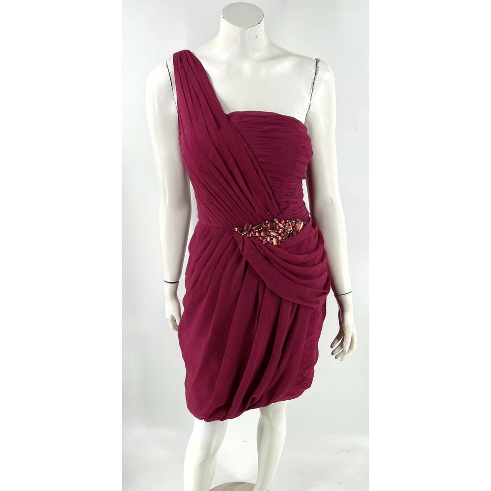 Lara Silk Cocktail Dress Size 12 Scarlet Pink Jeweled One Shoulder Pintuck NEW